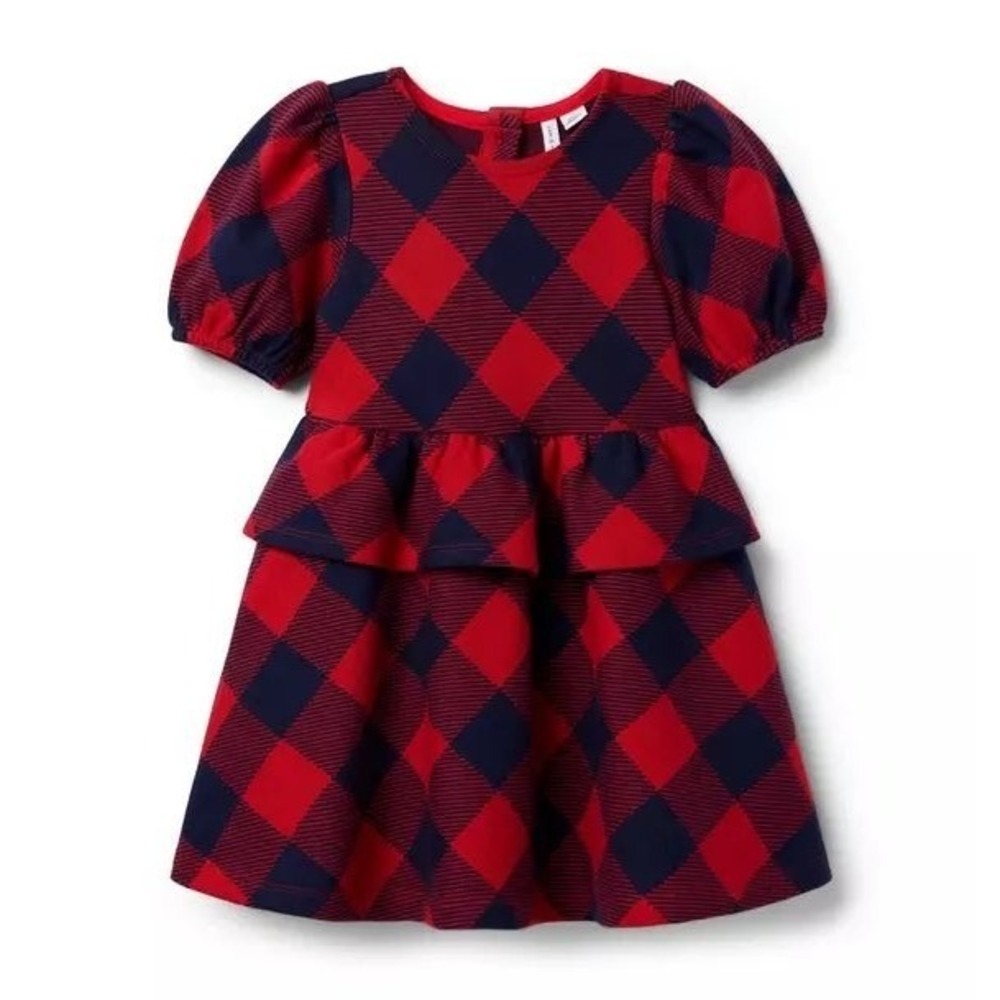 Janie and Jack Girls "The Holiday Plaid‎ Dress" Peplum Dress Size 6 Puff Sleeve